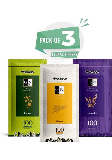 Gn 1917 Floral Fragrance Incense Sticks Zipper Combo - 3 Pack Jasmine, Champa, Lavendar (130 G, Set Of 3)
