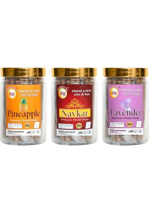Shreshtha Premium Pineapple, Navkar, Lavender Dry Dhoop Incense Sticks (3X200G) 600Gms Jar (600 G, Set Of 3)