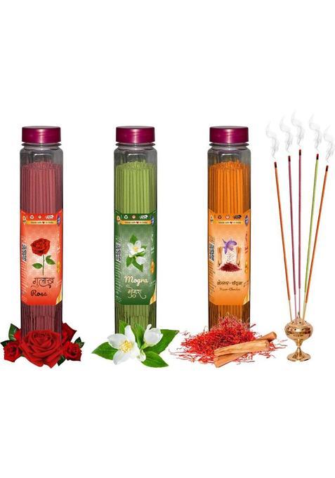 Green Spiritual Rose, Kesar Chandan & Sandal (Chandan) Agarbatti (Incense Stick) Pack Of 300 Mogra, (100 Units, Set 3)