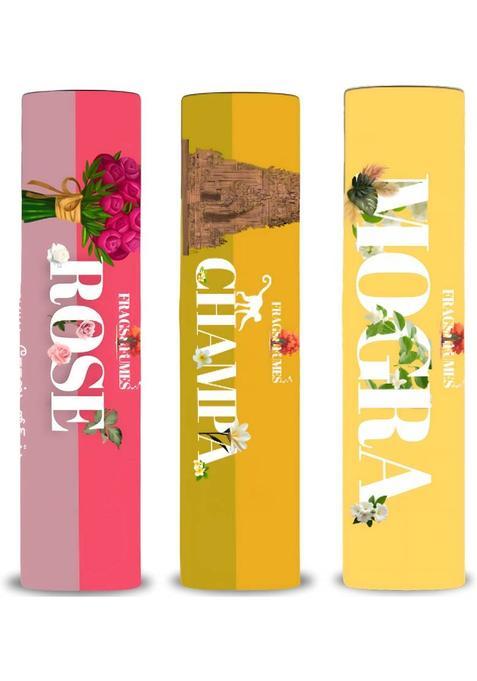 Fragsandfumes Premium Charcoal-Free Incense Sticks | Pack Of 3 For Peace & Positivity Champa, Rose, Mogra (300 G, Set 3)