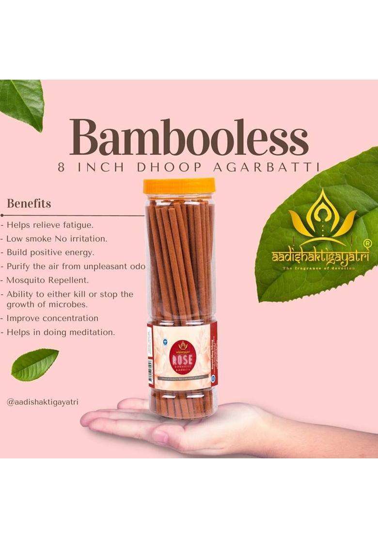 Aadishaktigayatri Rose Premium Bambooless Dhoop Agarbatti Stick (250 Gm Jar) 8 Inch Long Gulab Dhoopbatti Burning Time 1.5 Hours Highly Sented Charcoal Free G Set Of 1) - Indya