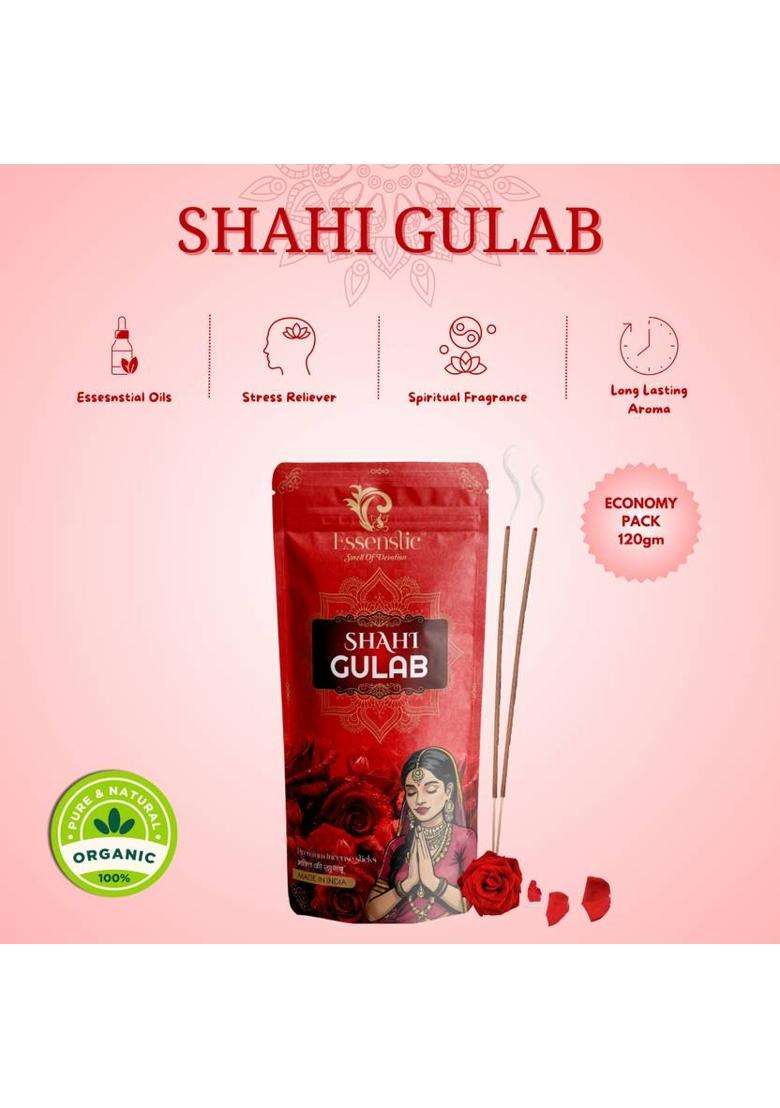 Essenstic 100% Natural Agarbatti Zipper Pouch Pack Charcoal Free 9 Inches Long Incense Sticks Rose Pushpanjali Daily Mist (360 G Set Of 3) - Indya