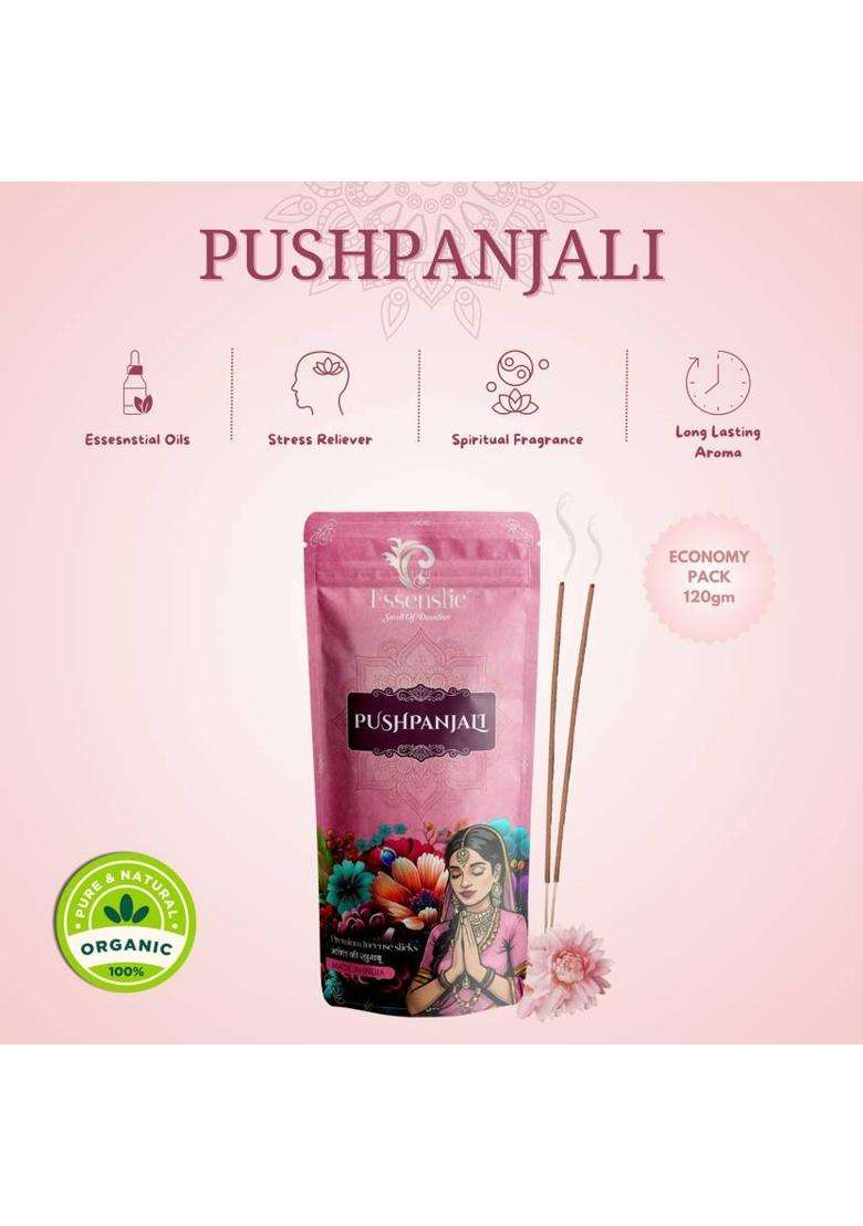 Essenstic 100% Natural Agarbatti Zipper Pouch Pack Charcoal Free 9 Inches Long Incense Sticks Rose Pushpanjali Daily Mist (360 G Set Of 3) - Indya