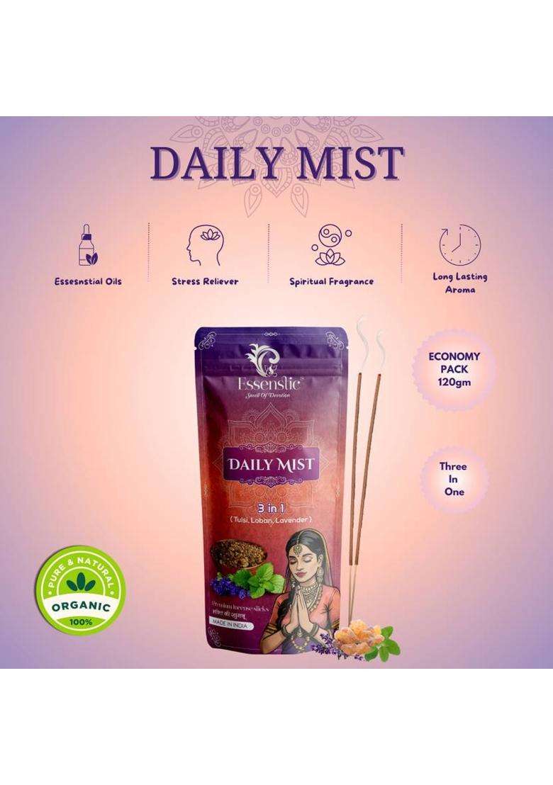 Essenstic 100% Natural Agarbatti Zipper Pouch Pack Charcoal Free 9 Inches Long Incense Sticks Rose Pushpanjali Daily Mist (360 G Set Of 3) - Indya