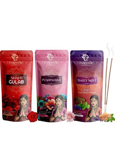 Essenstic 100% Natural Agarbatti Zipper Pouch Pack | Charcoal Free 9" Inches Long Incense Sticks, Rose, Pushpanjali, Daily Mist (360 G, Set Of 3)
