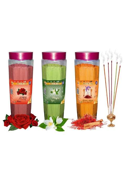 Green Spiritual Rose Pineapple & Sandal Agarbatti Pack Of 900 Gram (300 + 300 300) Fragrances Mogra Kesar Chandan G Set 3)