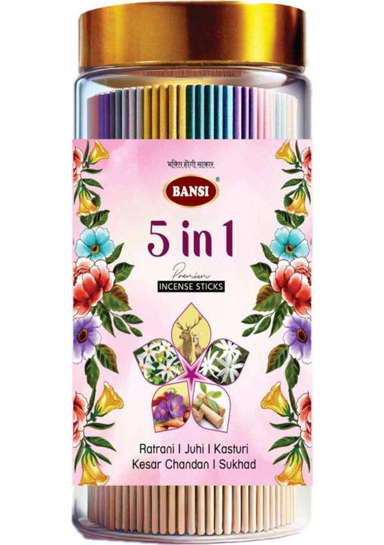 Bansi 5-In-1 Agarbatti Jar- Premium Incense Sticks For Pooja & Havan Raatrani Juhi Kasturi Kesar Chandan Sukhad (400 G Set Of 1) - Indya