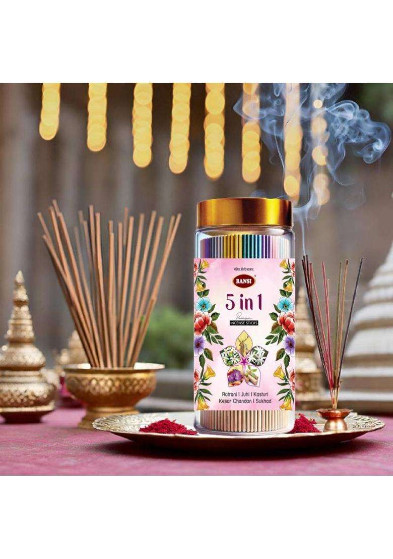 Bansi 5-In-1 Agarbatti Jar- Premium Incense Sticks For Pooja & Havan Raatrani Juhi Kasturi Kesar Chandan Sukhad (400 G Set Of 1) - Indya