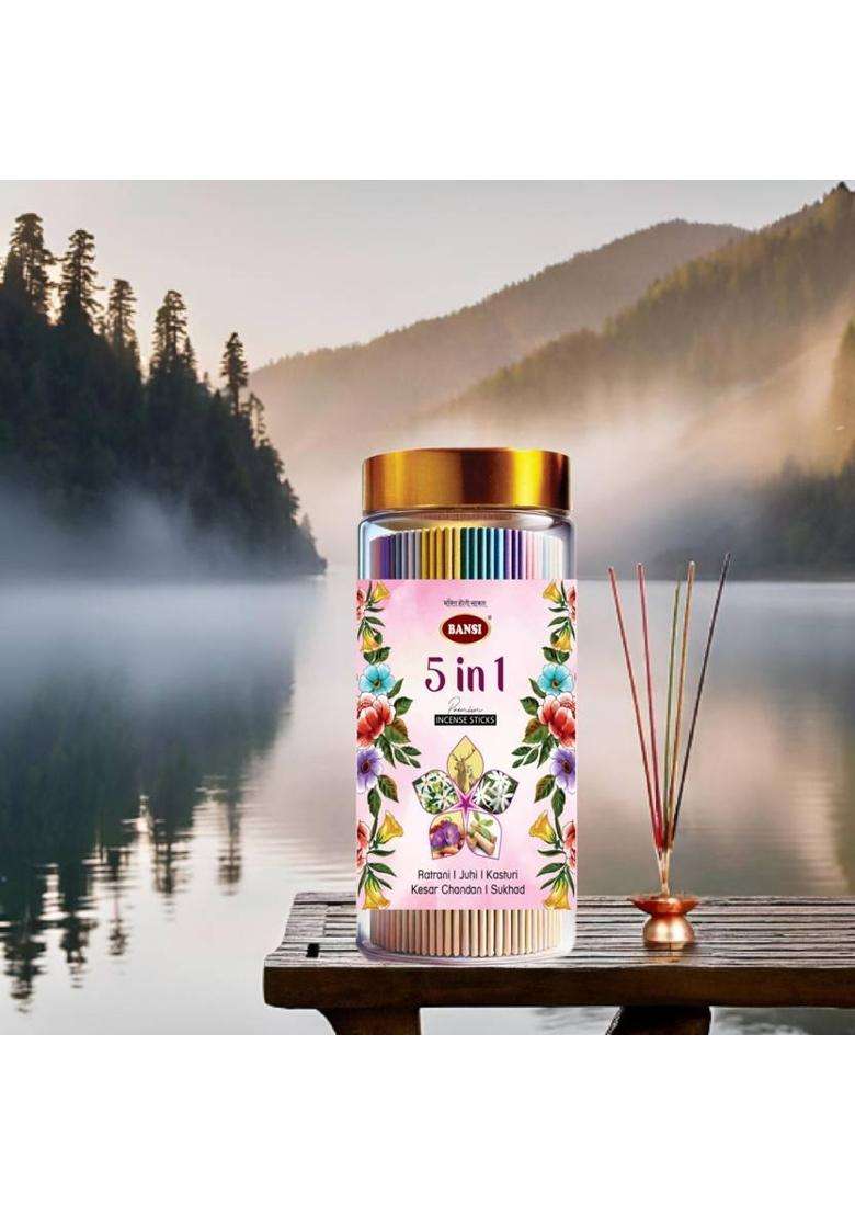 Bansi 5-In-1 Agarbatti Jar- Premium Incense Sticks For Pooja & Havan Raatrani Juhi Kasturi Kesar Chandan Sukhad (400 G Set Of 1) - Indya