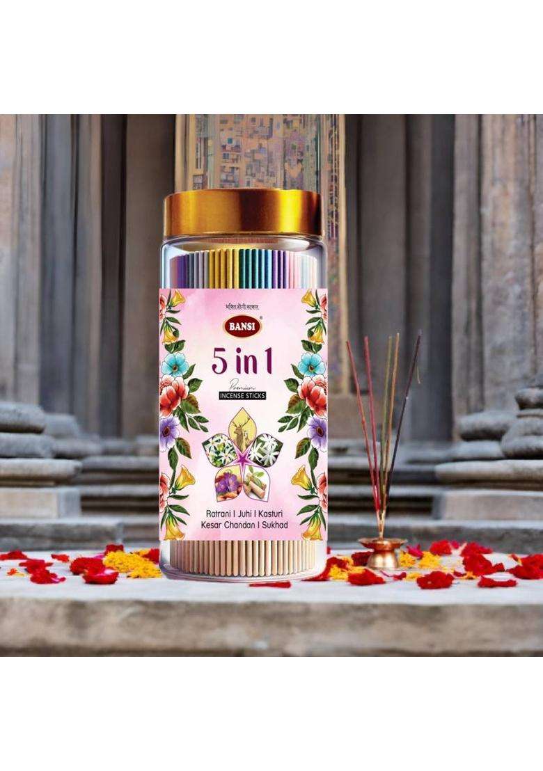 Bansi 5-In-1 Agarbatti Jar- Premium Incense Sticks For Pooja & Havan Raatrani Juhi Kasturi Kesar Chandan Sukhad (400 G Set Of 1) - Indya