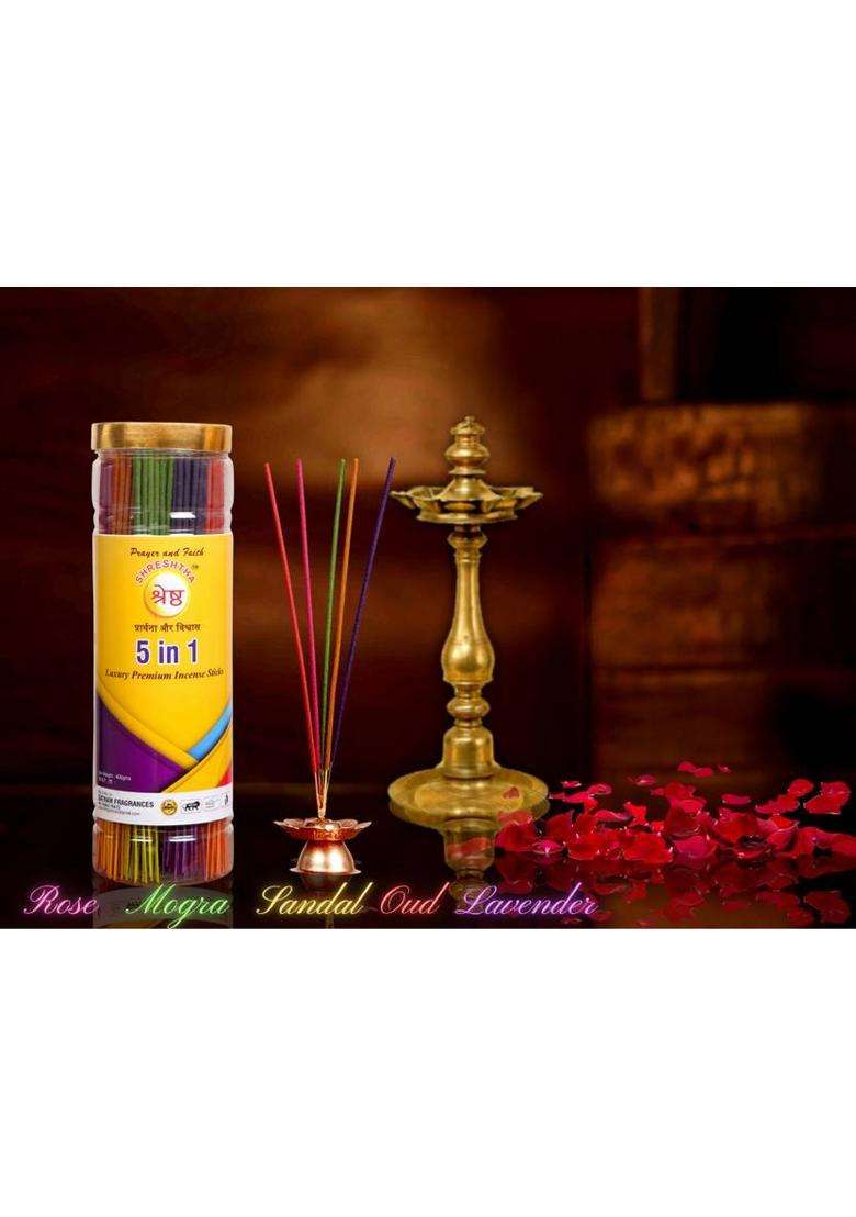 Shreshtha Premium 5 In 1Rose Mogra Sandal Lavender Oud Incense Stick Agarbatti (400X2)800G Gulab Mogra Sandalwood Oud (800 G Set Of 2) - Indya
