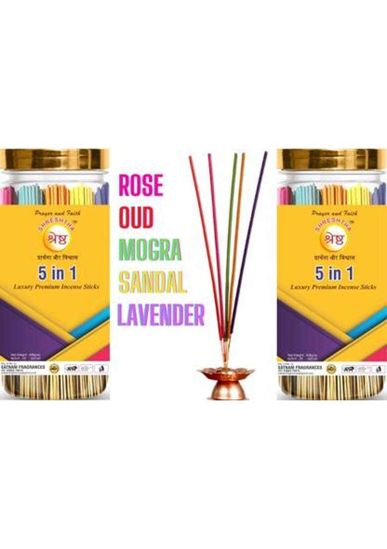 Shreshtha Premium 5 In 1Rose Mogra Sandal Lavender Oud Incense Stick Agarbatti (400X2)800G Gulab Mogra Sandalwood Oud (800 G Set Of 2) - Indya