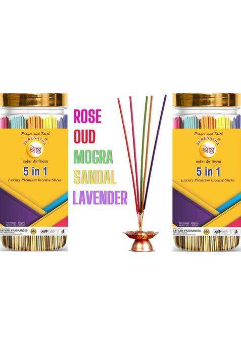 Shreshtha Premium 5 In 1Rose Mogra Sandal Lavender Oud Incense Stick Agarbatti (400X2)800G Gulab Mogra Sandalwood Oud (800 G Set Of 2)