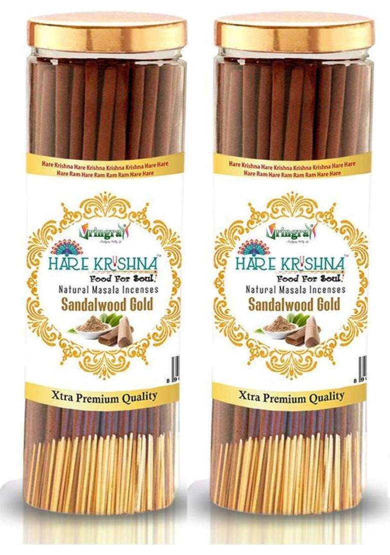 Vringra Hare Krishna Food For Soul Sandalwood Agarbatti - Natural & Chemical Free Masala Insence Sticks (Pack Of 2) (200 Units Set - Indya