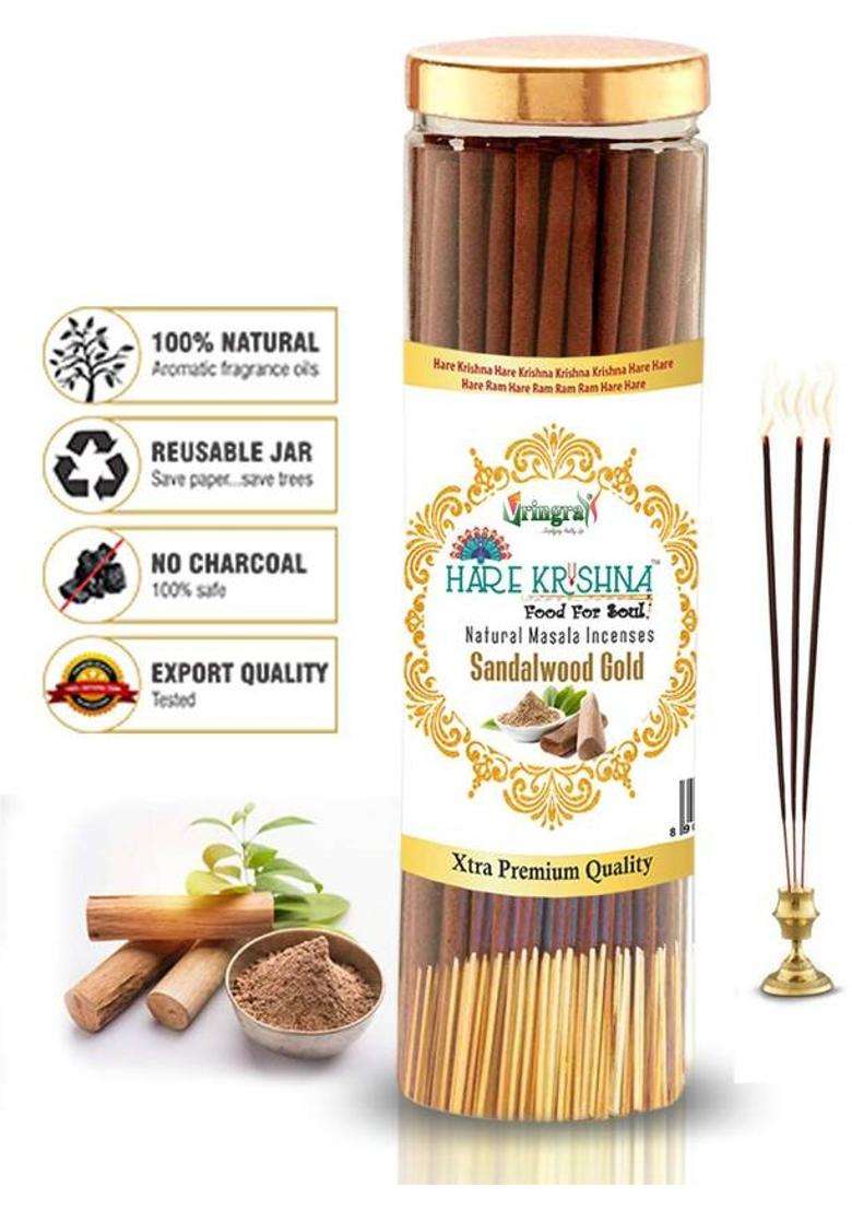 Vringra Hare Krishna Food For Soul Sandalwood Agarbatti - Natural & Chemical Free Masala Insence Sticks (Pack Of 2) (200 Units Set - Indya
