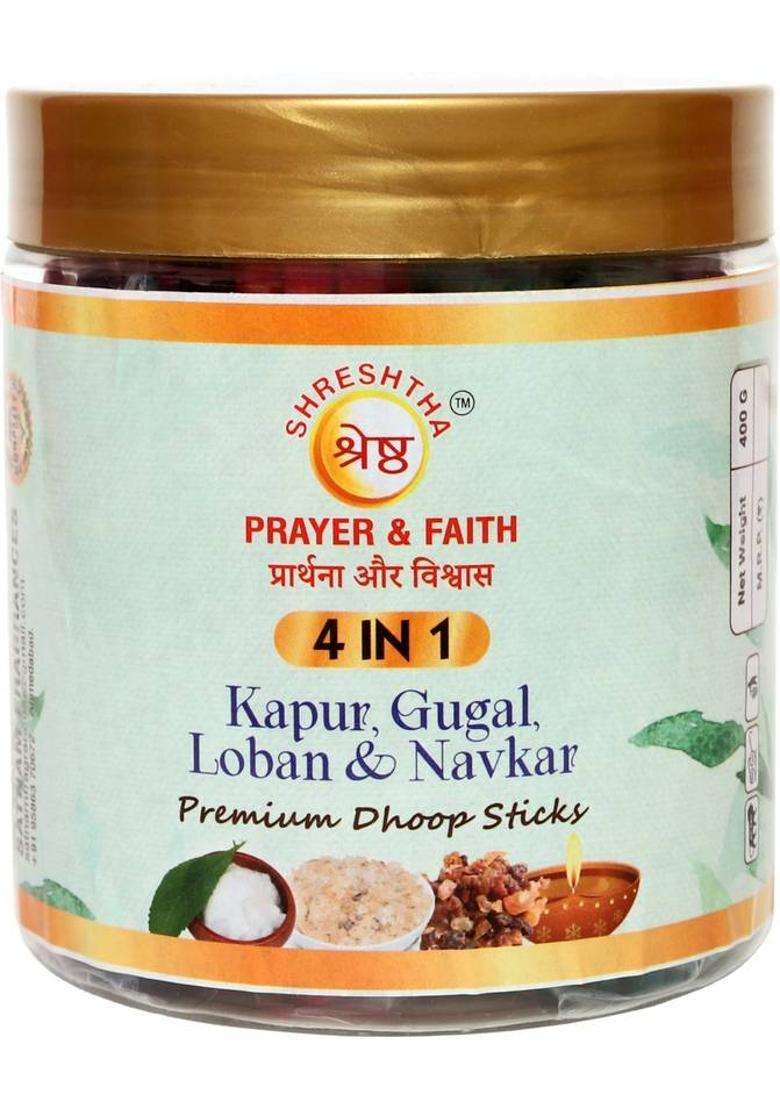 Shreshtha Premium 4 In 1 Kapur Gugal Loban Navkar Dry Dhoop Sticks Agarbatti (400Gms) / Camphor Gugal Loban (400 G Set Of 1) - Indya