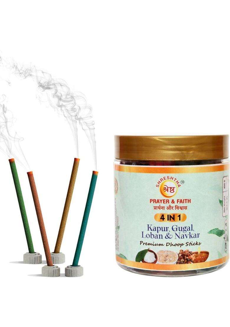 Shreshtha Premium 4 In 1 Kapur Gugal Loban Navkar Dry Dhoop Sticks Agarbatti (400Gms) / Camphor Gugal Loban (400 G Set Of 1) - Indya