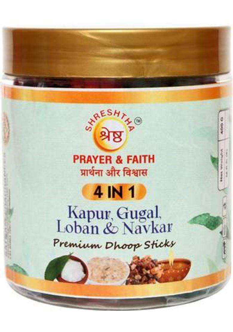 Shreshtha Premium 4 In 1 Kapur Gugal Loban Navkar Dry Dhoop Sticks Agarbatti (400Gms) / Camphor Gugal Loban (400 G Set Of 1) - Indya