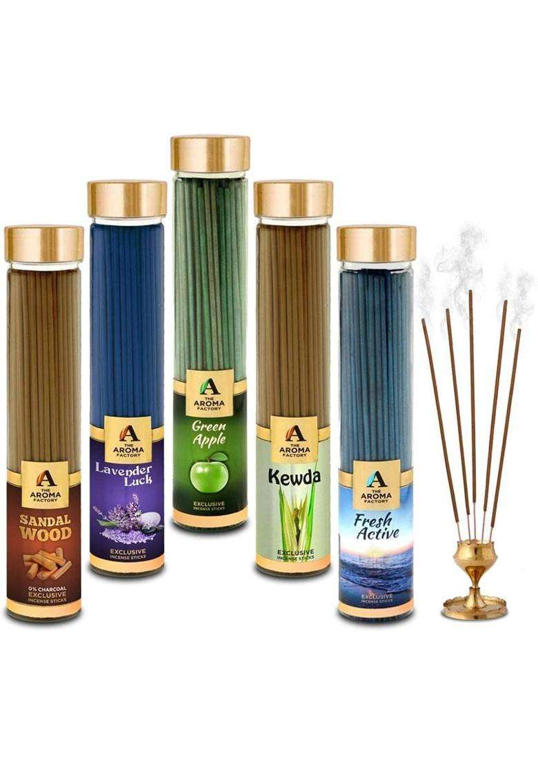 The Aroma Factory Jasmine Rose Pineapple Chocolate & Kesar Chandan Incense Stick Agarbatti (Zero Charcoal 100% Herbal) Bottle Pack Of 5 X 100 (100 Units Set 5) - Indya