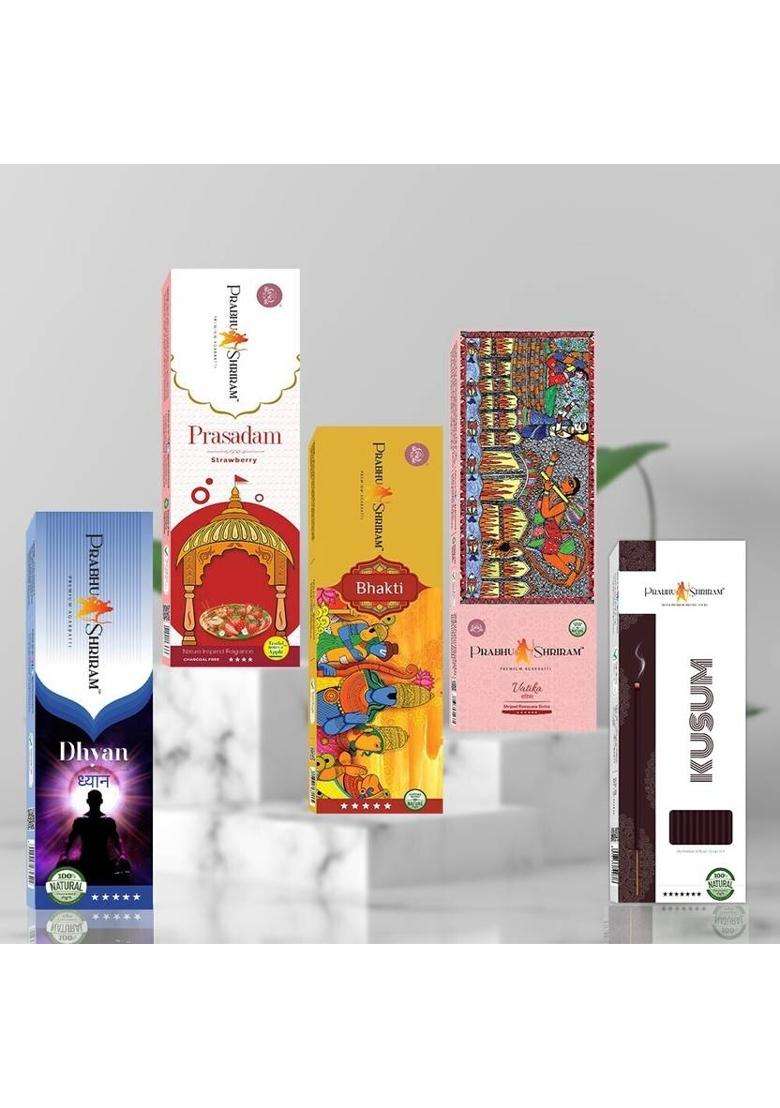 Prabhu Shriram Strawberry-Dhyan-Vatika-Kusum-Bhakti Incense Agarbatti220SticksPhoolfragrances Nature Inspired Fragrance Premium Designer Perfumes (316 G Set Of 5) - Indya