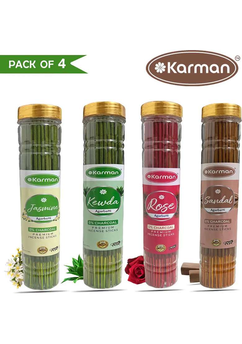 Karman Incense Sticks Variety Pack For Pooja Meditation And Negative Energy Remover Agarbatti MograKewdaRoseChandan 240 400Gm (100 G Set Of 4) - Indya