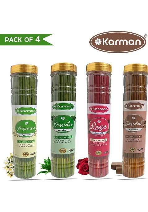 Karman Incense Sticks Variety Pack For Pooja Meditation And Negative Energy Remover Agarbatti MograKewdaRoseChandan 240 400Gm (100 G Set Of 4)