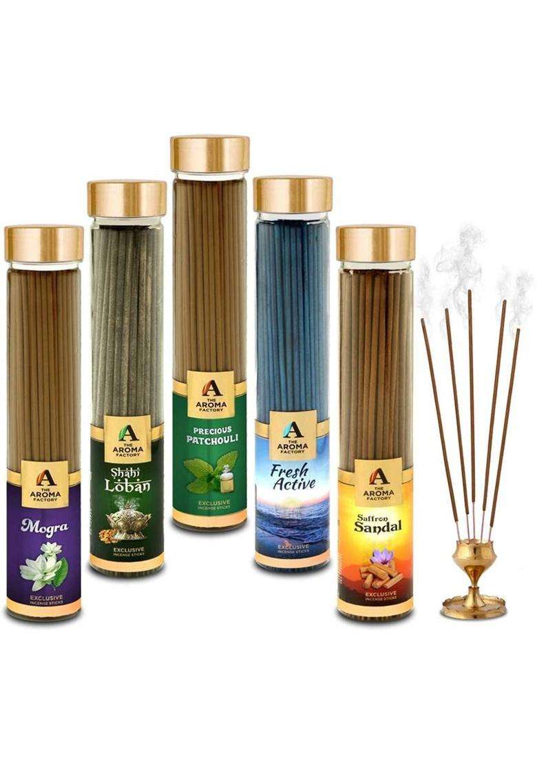 The Aroma Factory Kesar Chandan 3 In 1 Attar Jannat Patchouli & Fresh Active Incense Stick Agarbatti (Zero Charcoal 100% Herbal) Bottle Pack Of 5 X 100 Chandan (100 Units Set 5) - Indya