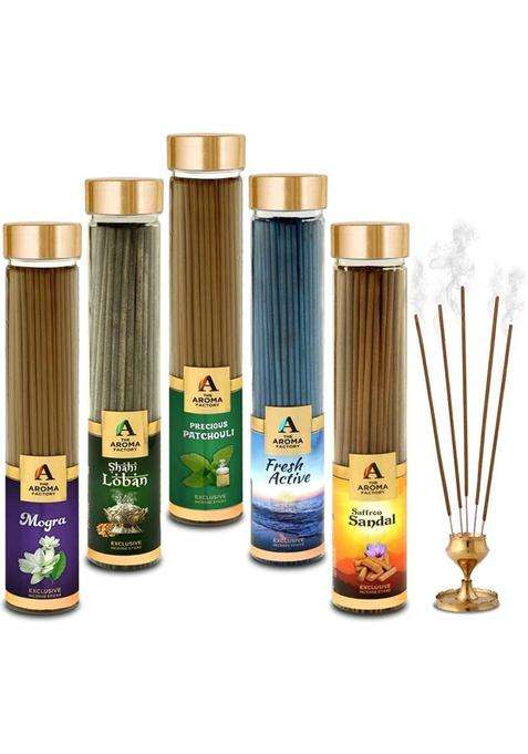 The Aroma Factory Kesar Chandan 3 In 1 Attar Jannat Patchouli & Fresh Active Incense Stick Agarbatti (Zero Charcoal 100% Herbal) Bottle Pack Of 5 X 100 Chandan (100 Units Set 5)