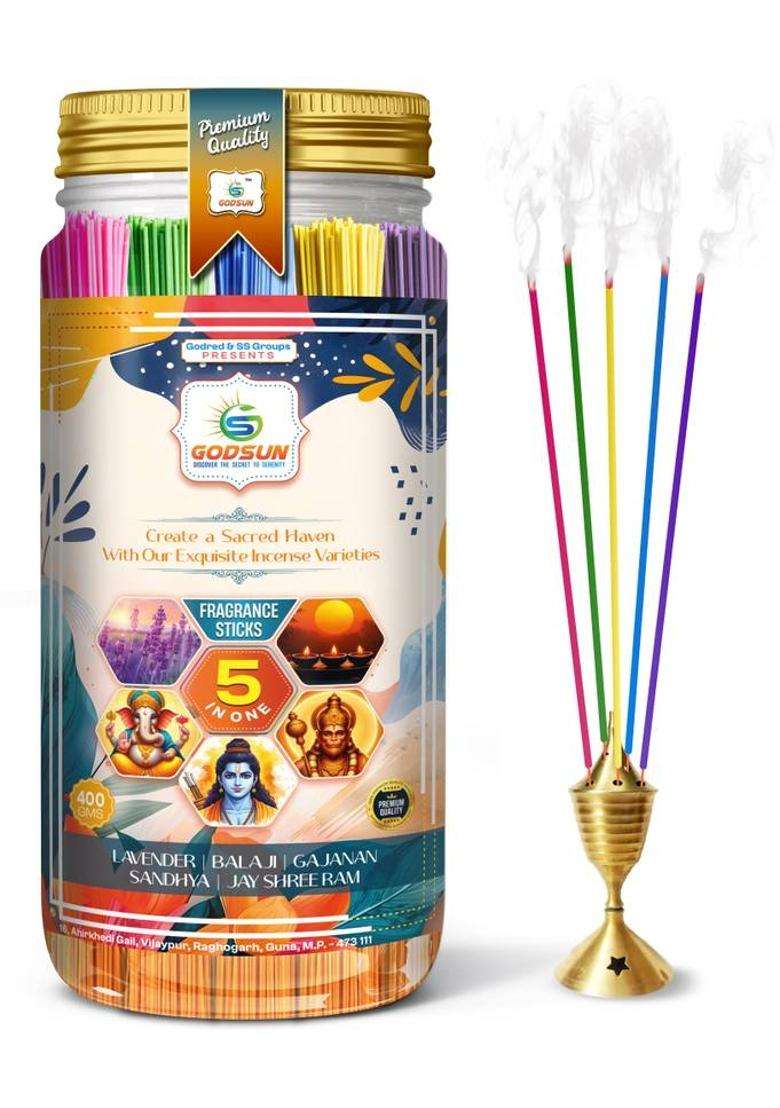 Godsun Premium Lavender Balaji Gajanan Sandhya Jay Shree Ram Agarbatti Jar (400Gms) 0% Charcoal 5 Different Fragrances Incense Sticks (225 Units Set Of 1) - Indya