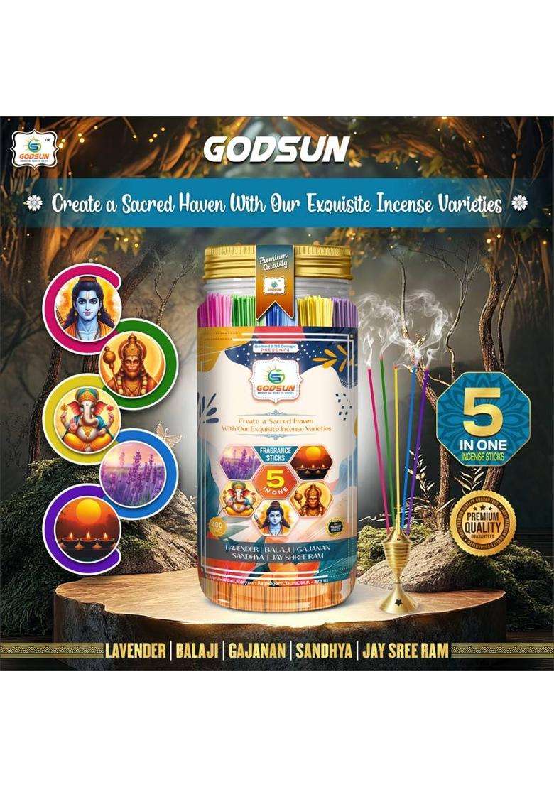 Godsun Premium Lavender Balaji Gajanan Sandhya Jay Shree Ram Agarbatti Jar (400Gms) 0% Charcoal 5 Different Fragrances Incense Sticks (225 Units Set Of 1) - Indya