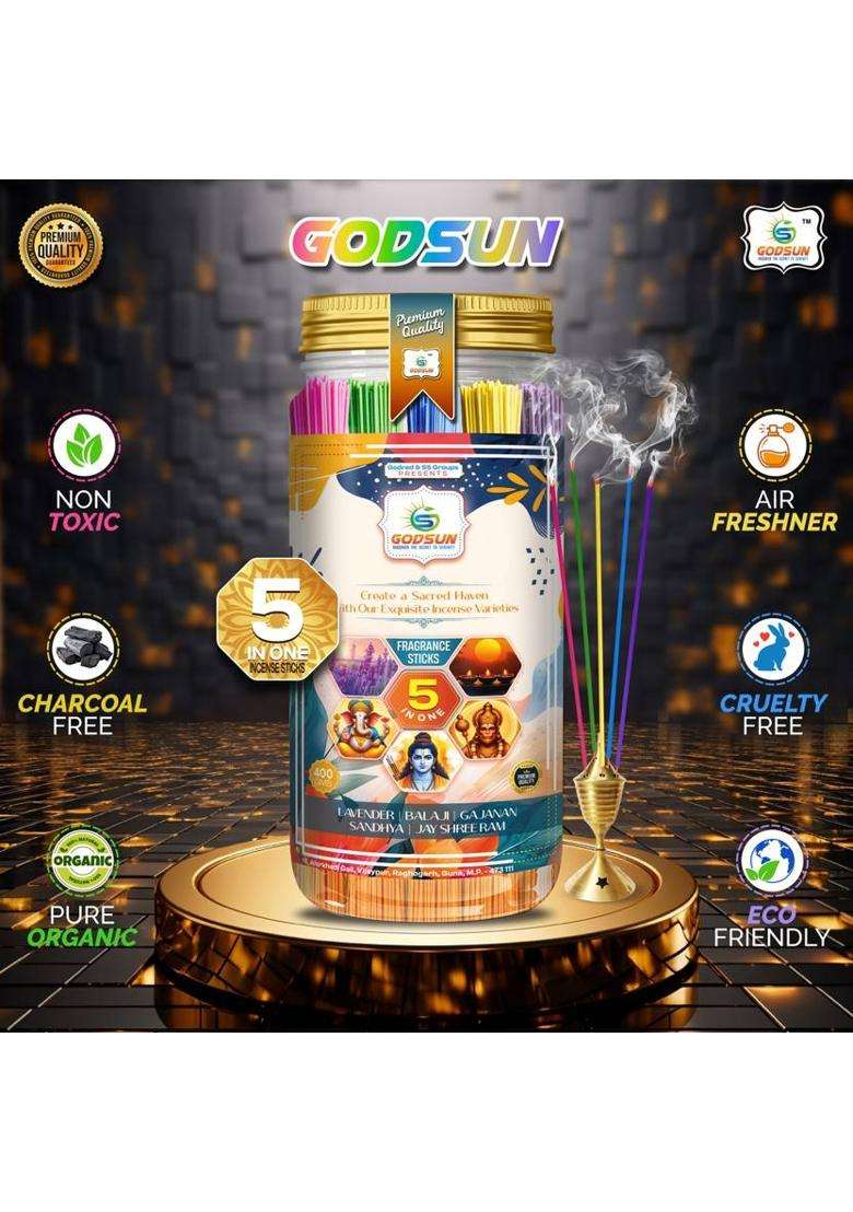 Godsun Premium Lavender Balaji Gajanan Sandhya Jay Shree Ram Agarbatti Jar (400Gms) 0% Charcoal 5 Different Fragrances Incense Sticks (225 Units Set Of 1) - Indya