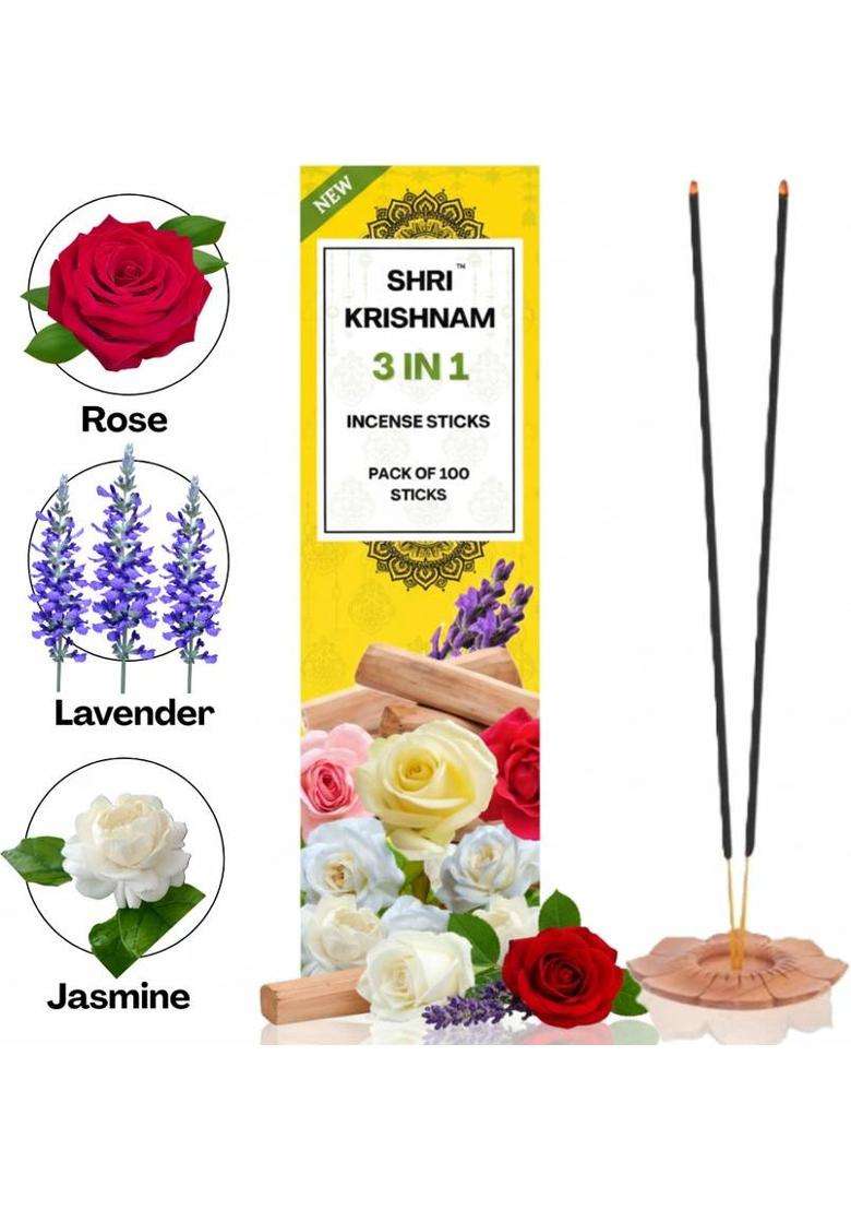 Shri Krishnam 3 In 1 Agarbatti Pack Of 100 Stick Pooja And Spiritual Use ( Rose Lavender & Jasmine ) (180 G Set 1) - Indya