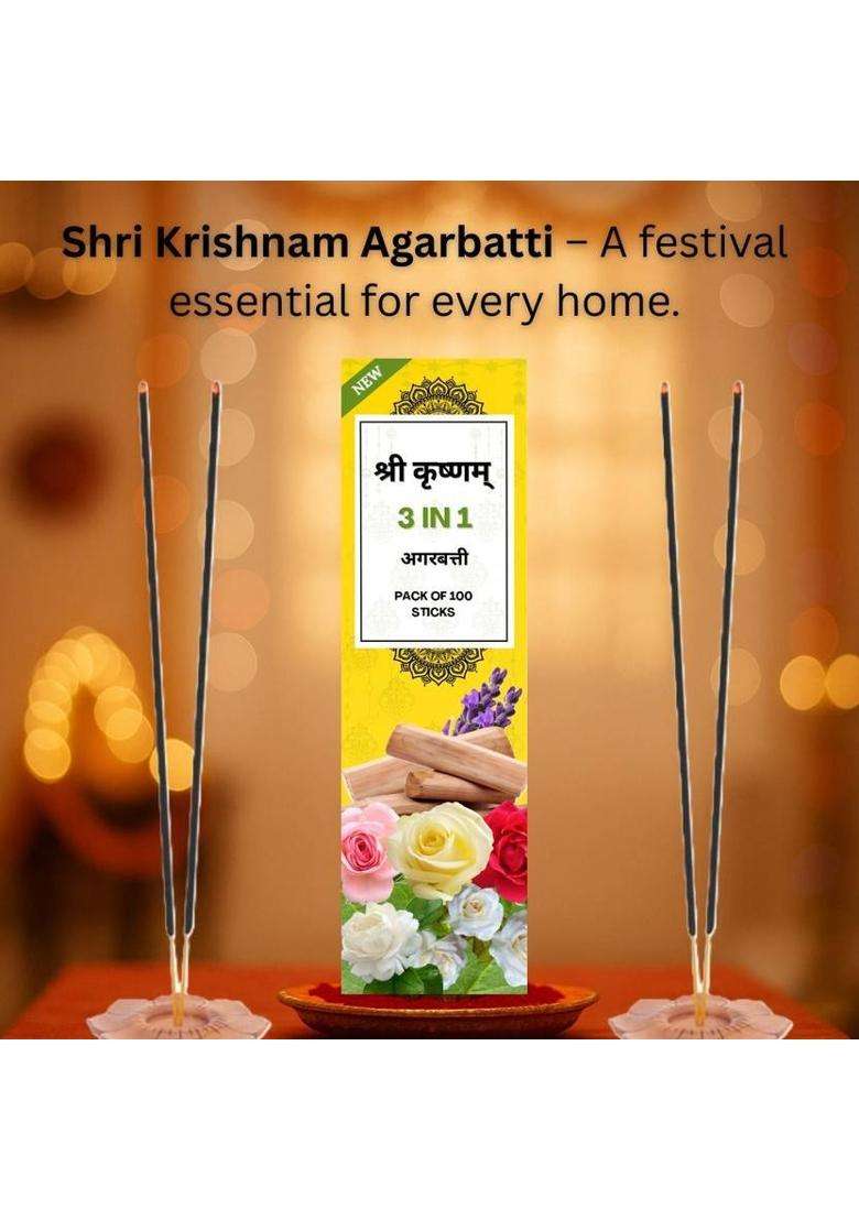Shri Krishnam 3 In 1 Agarbatti Pack Of 100 Stick Pooja And Spiritual Use ( Rose Lavender & Jasmine ) (180 G Set 1) - Indya