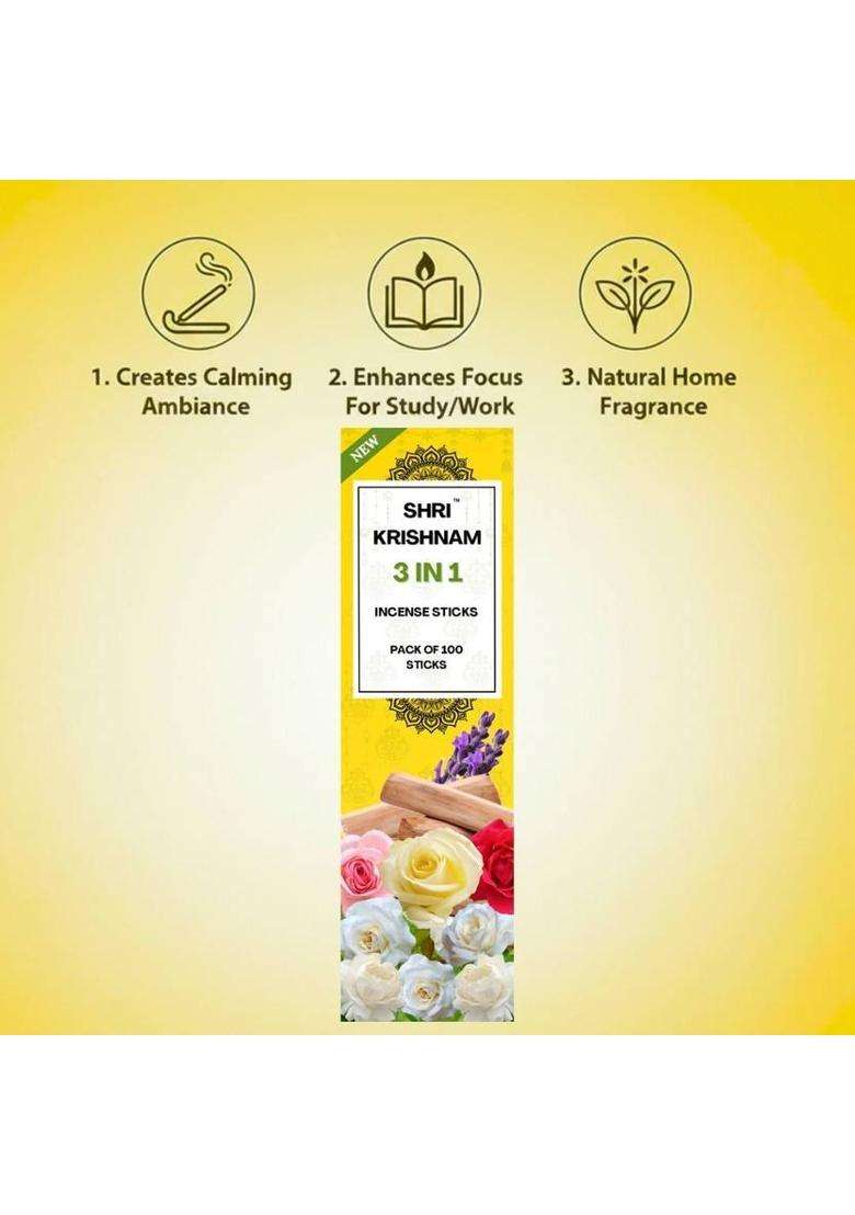 Shri Krishnam 3 In 1 Agarbatti Pack Of 100 Stick Pooja And Spiritual Use ( Rose Lavender & Jasmine ) (180 G Set 1) - Indya