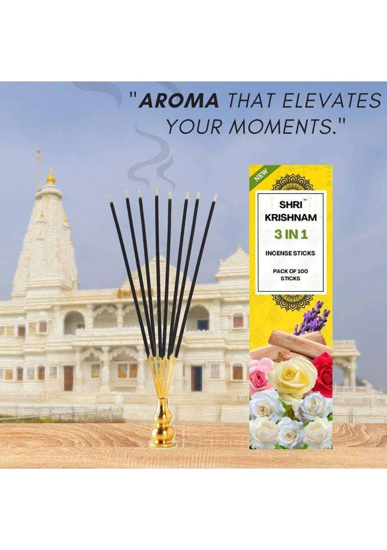Shri Krishnam 3 In 1 Agarbatti Pack Of 100 Stick Pooja And Spiritual Use ( Rose Lavender & Jasmine ) (180 G Set 1) - Indya