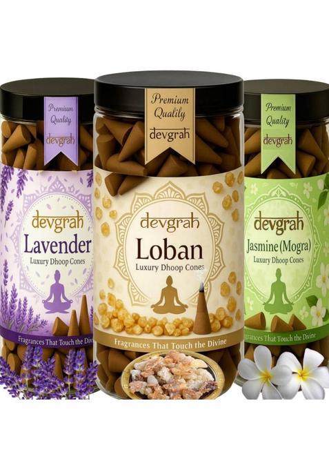 Devgrah Loban Dhoop Lavender & Jasmine Dhoop Cone For Pooja (100G Each) Charcoalfree Jasmine Lavender Woody (Pack Of 3)
