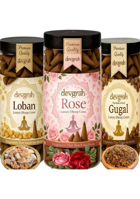 Devgrah Loban Dhoop Rose & Guggul Dhoop Cone For Pooja (100G) Charcoalfree Incense Rose Woody (Pack Of 3)