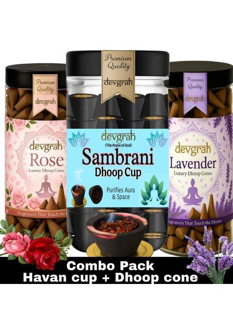 Devgrah Sambrani Havan Cup Rose Dhoop & Lavender Cone For Pooja Premium Lavender (Pack Of 3)