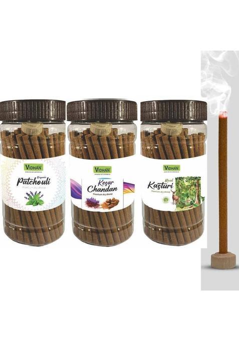 Vidhan Dhoop Sticks Premium Jar 3X100Gm No Bamboo Kesarchandan Kasturi & Patchouli (Pack Of 3)
