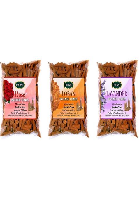 Dmoksh 100G Each Trendy Incenses Dhoop Cone Agarbatti Combo Of Dhup Loban, Rose, Lavender
