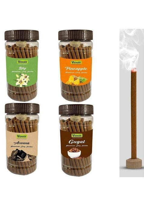 Vidhan Pooja Dhoop Sticks Best Combo Jar 100Gm X4 ( 400 Gram) No Bamboo Charcoal Guggul Lily Blossom Fruit (Pack Of 4)