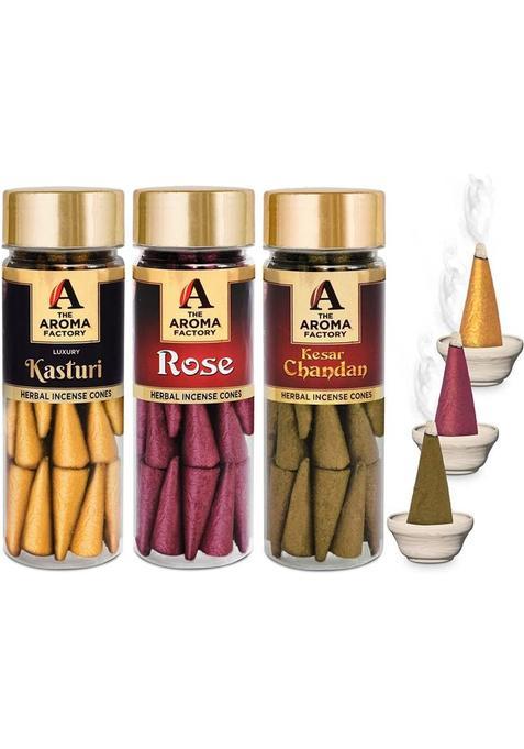 The Aroma Factory Incense Dhoop Cone For Pooja Kasturi Kesar Chandan & Rose 3 Bottles X 30 Cones Sandal (Pack Of 3)
