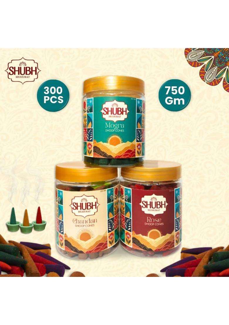 Shubh Muhurat Natural Dhoop Cones Combo 300 Pcs Each Jar Has 100Pcs Of Organic Incense Rose Jasmine Sandal (Pack 3) - Indya