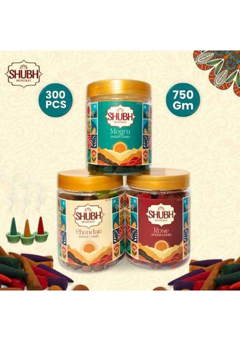 Shubh Muhurat Natural Dhoop Cones Combo 300 Pcs Each Jar Has 100Pcs Of Organic Incense Rose Jasmine Sandal (Pack 3) - Indya