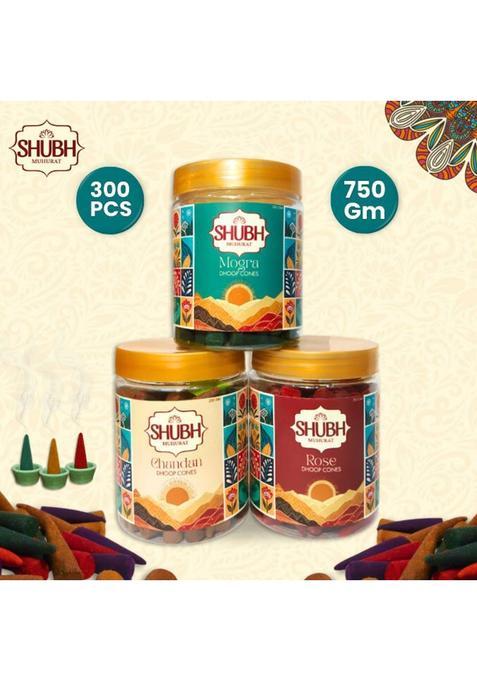 Shubh Muhurat Natural Dhoop Cones Combo 300 Pcs Each Jar Has 100Pcs Of Organic Incense Rose Jasmine Sandal (Pack 3)