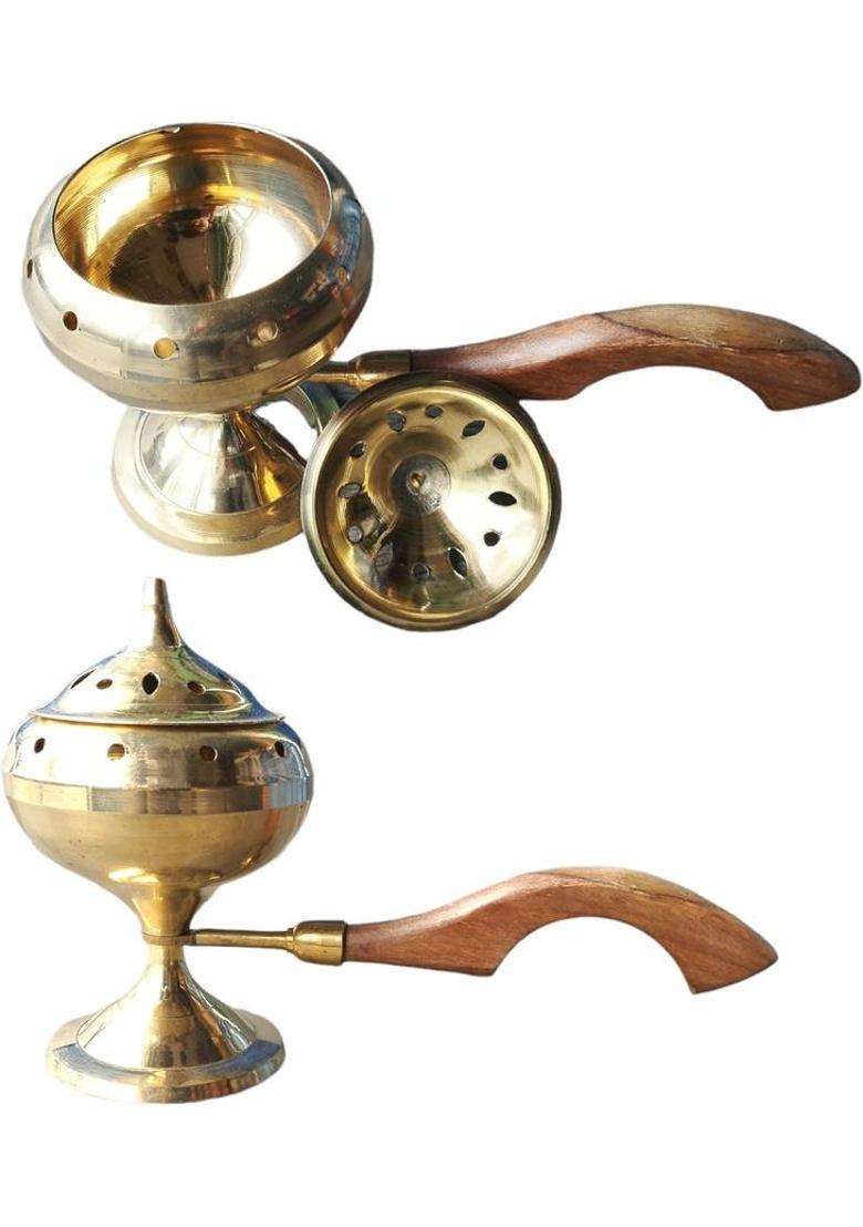 Robin Export Company Premium Quality Brass Sambrani Stand & Loban Dhoop Dani With Wooden Handle - Indya