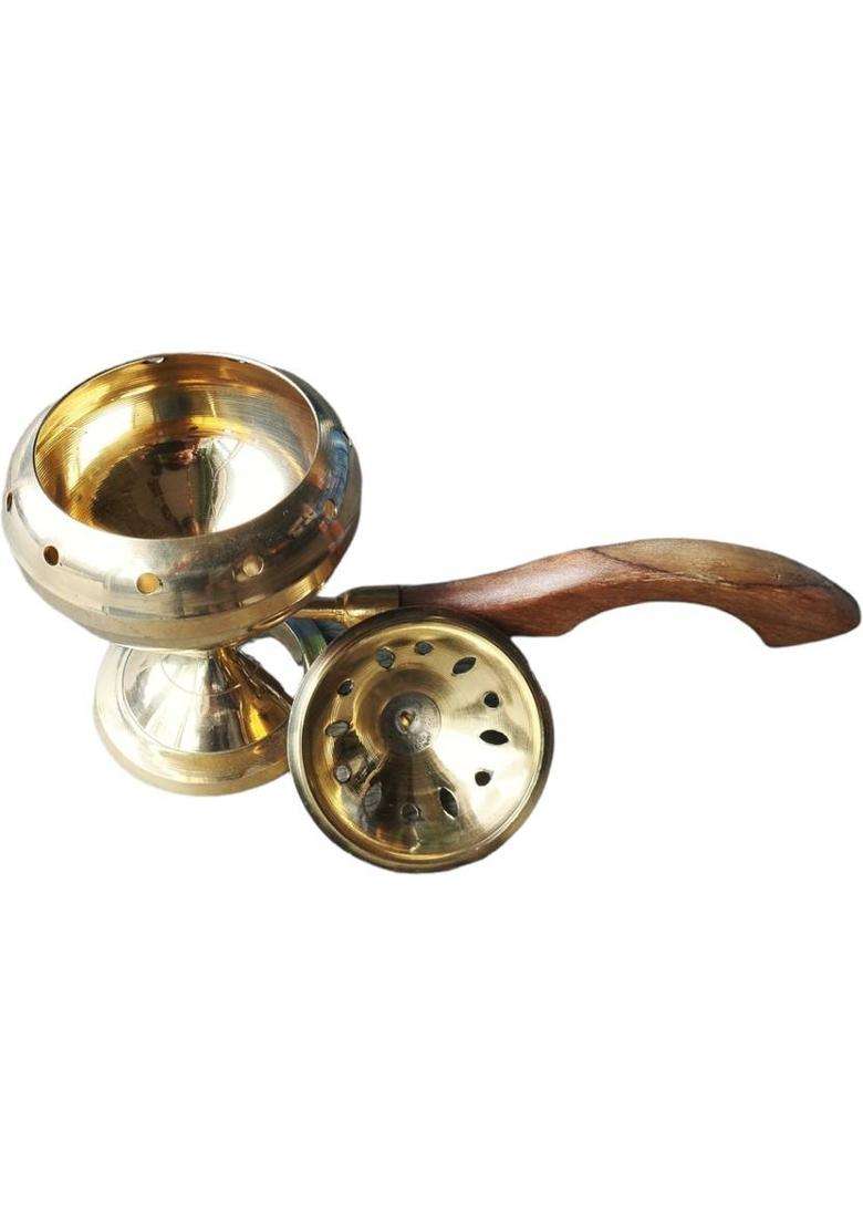 Robin Export Company Premium Quality Brass Sambrani Stand & Loban Dhoop Dani With Wooden Handle - Indya