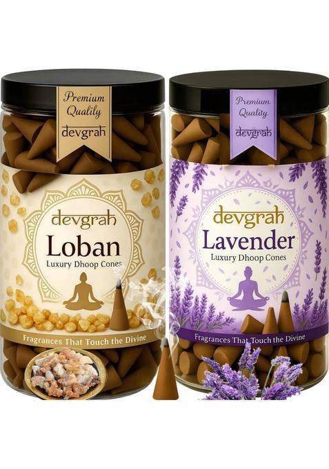 Devgrah Dhoop Cone Loban & Lavender For Pooja (100G Each) Charcoal-Free Incense Woody (Pack Of 2)