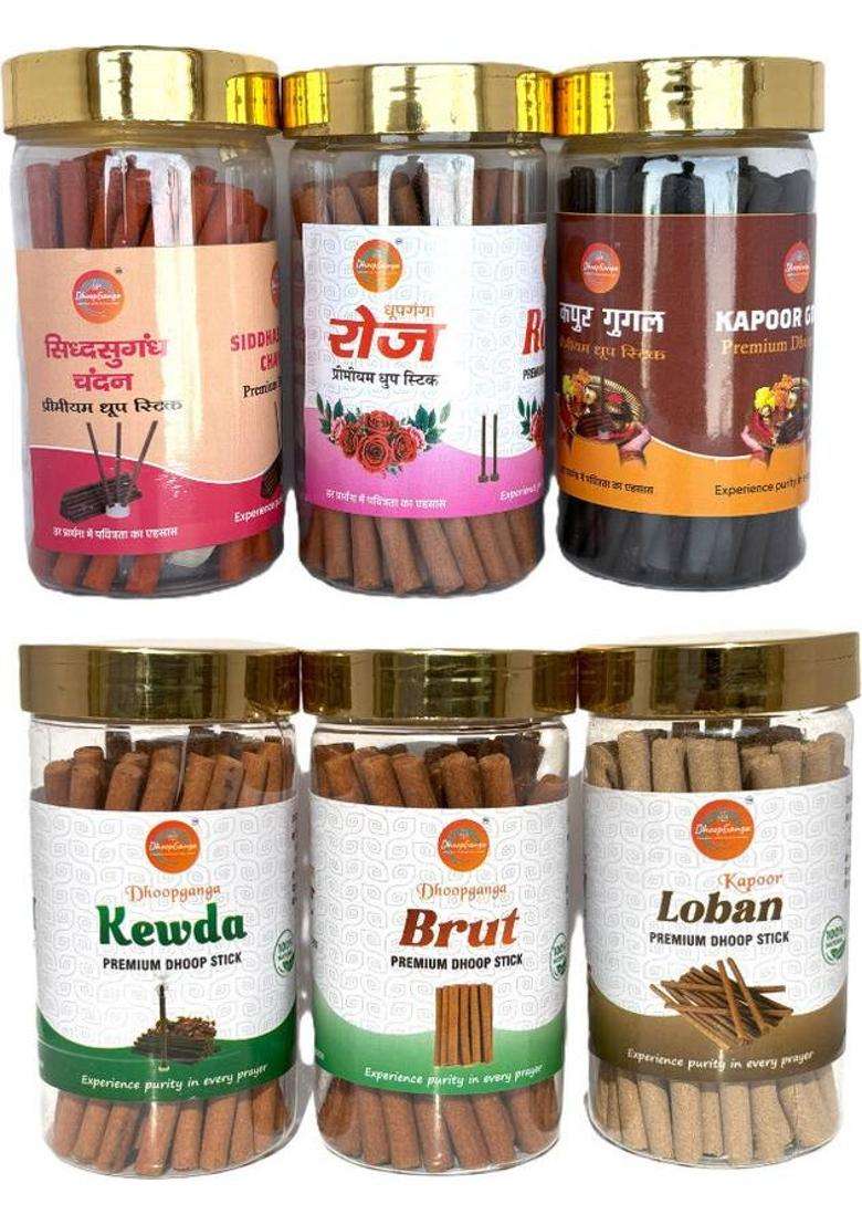 Dhoopganga 6 In 1 Premium Dhoop Sticks 100 Gm Each Ideal For Pooja & Meditation Rose Guggul Sandal Frankincense (Pack Of 6) - Indya