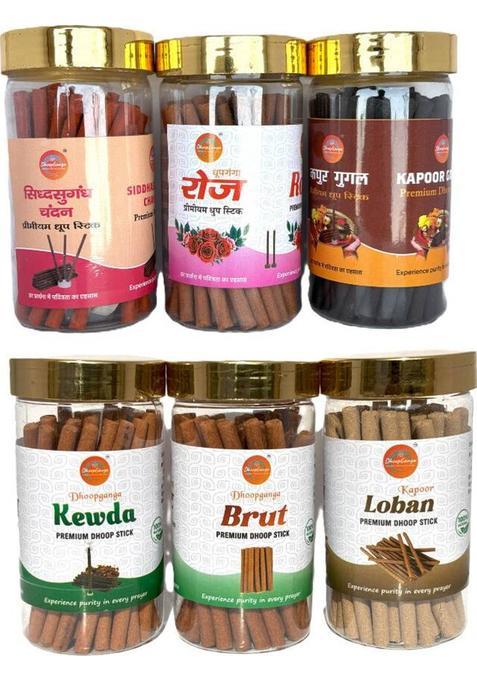 Dhoopganga 6 In 1 Premium Dhoop Sticks 100 Gm Each Ideal For Pooja & Meditation Rose Guggul Sandal Frankincense (Pack Of 6)